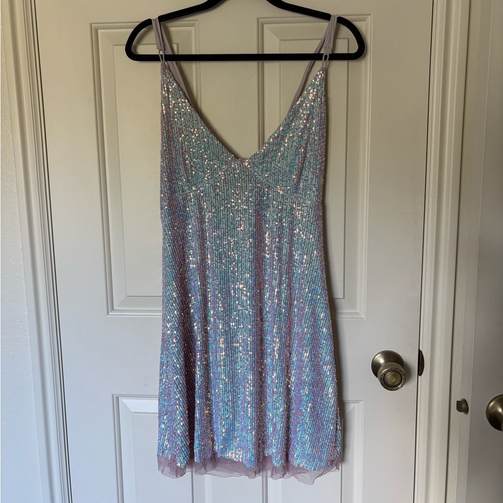 Free People Metallic Iridescent Sparkling Sequin Slip Tie Back Dress